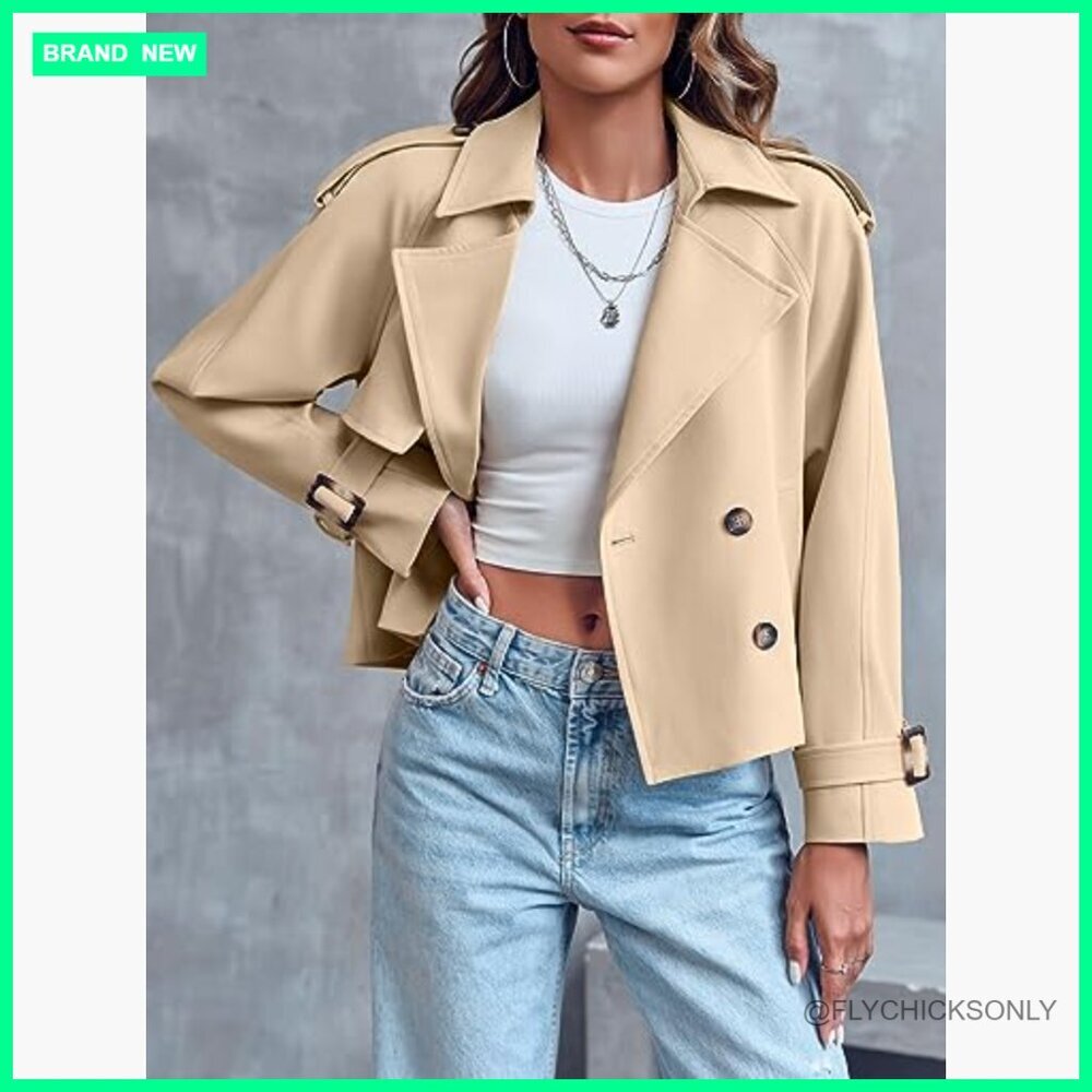 Double Breasted Trench Coat Cropped Jacket with Pockets - Picture 2 of 7